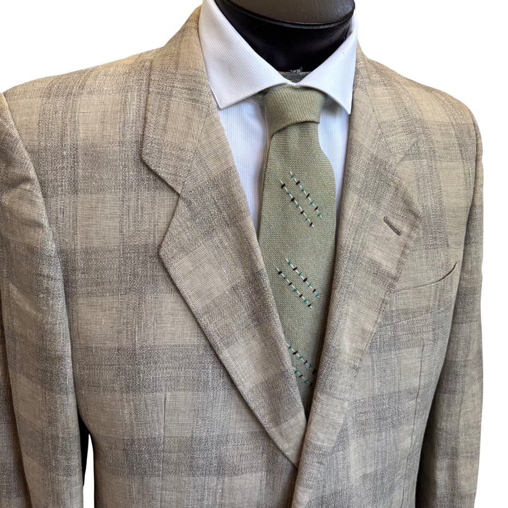 The Rodin Collection Blazer 40L Tan Plaid Linen Cotton Italy Old Money Academia